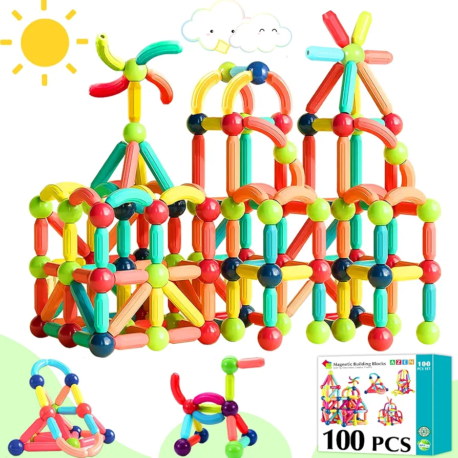 AZEN 100PCS Magnetic Toys Building Blocks, Magnets for Kids 3 4 5 6 Year Old, Toddler Toys Age 3-5 for Boys Girls, Magnetic Balls and Magnet Rods Toy Building Set, Magnetic Toys for Toddlers