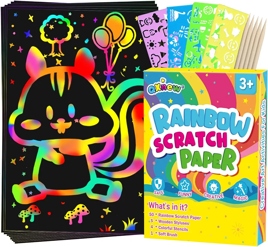 Scratch Paper Art Gifts: Rainbow Scratch Off Art-Craft Supplies Kits Pad for 3 4 5 6 7 8 Year Old Boys Girls Toys for Birthday Christmas Halloween Thanksgiving Party Favors Fun Games