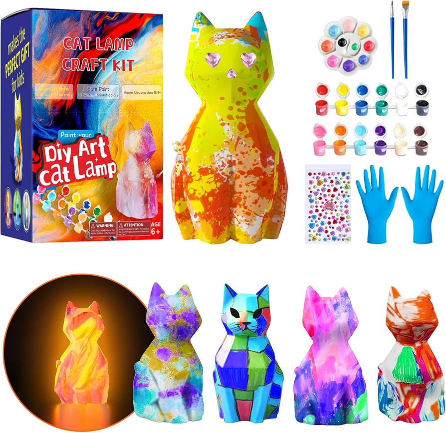 LBOLYUMEG Paint Your Own Cat Lamp Kit, Art Supplies Arts and Crafts for Kids Ages 8-12,Crafts for Girls 8-12,Night Light Kids Crafts Ages 4-8, Birthday Easter Gift for Girls Boys Age 3 4 5 6 7 8+(Cat)