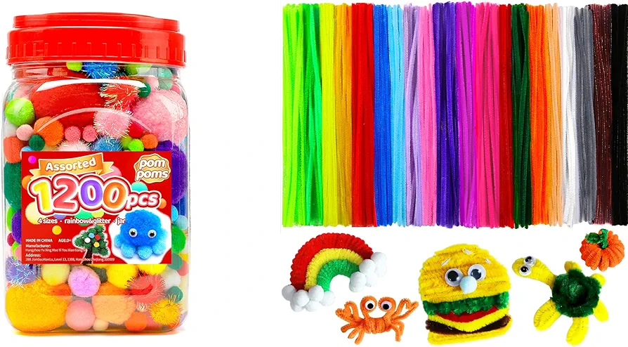 1200pcs pom poms+200pcs multi-color pipe cleaners, art and craft supplies