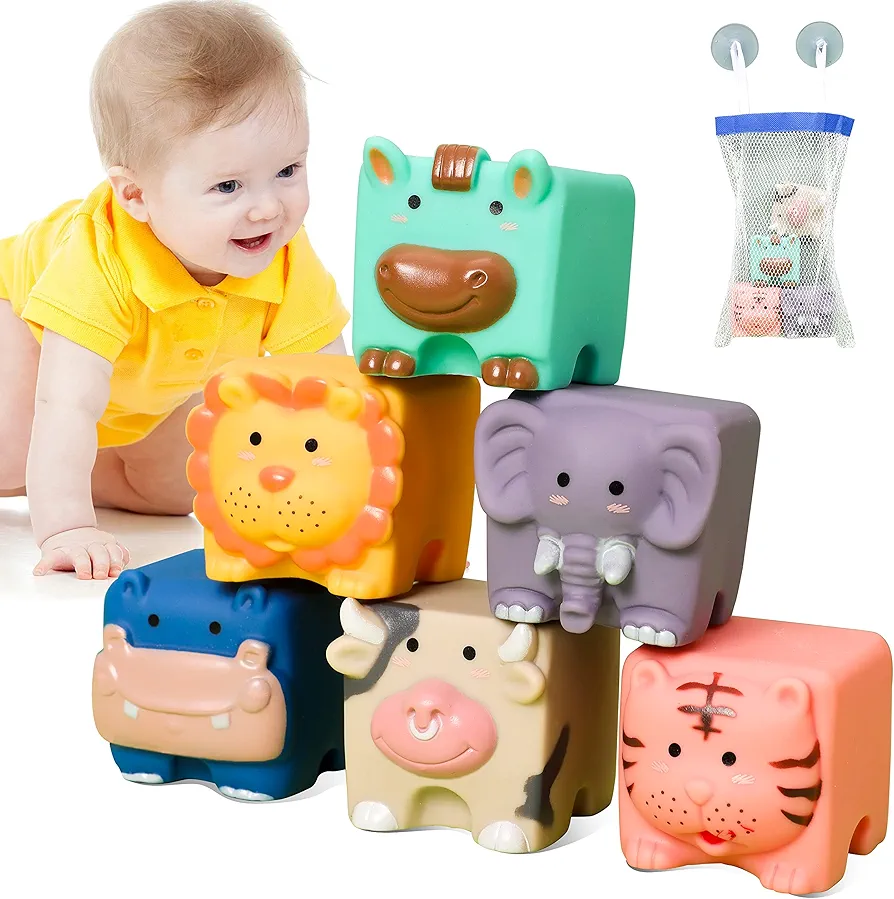 Baby Blocks - Soft Building Blocks Toys for 6 Months Up Toddlers-Soft Blocks for Toddlers - Silicone Bath Toys - Teething Chewable Squeeze 6 PCS Adorable Animals Shapes Set