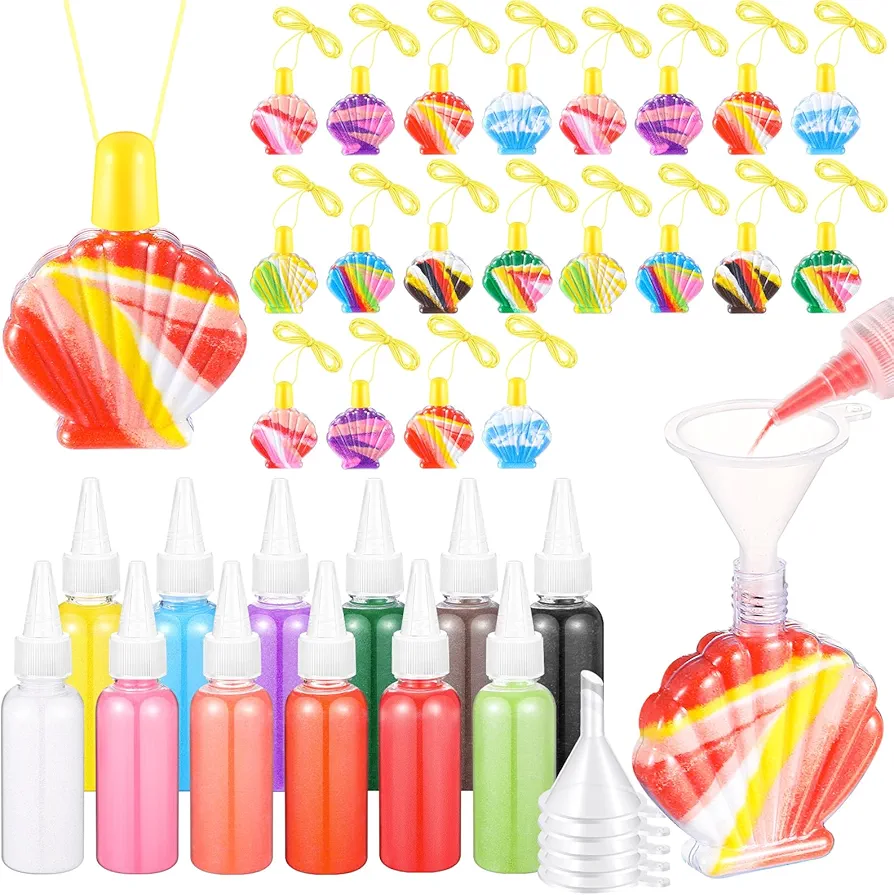 Relaxgiant 37 Pcs Shell Shaped Sand Art Bottle Necklace Kits Include 20 Pcs Plastic Sand Art Bottles Necklace, 12 Pcs 12 Colored Art Sand, 5 Mini Plastic Funnels for DIY Art Crafts Class Supplies