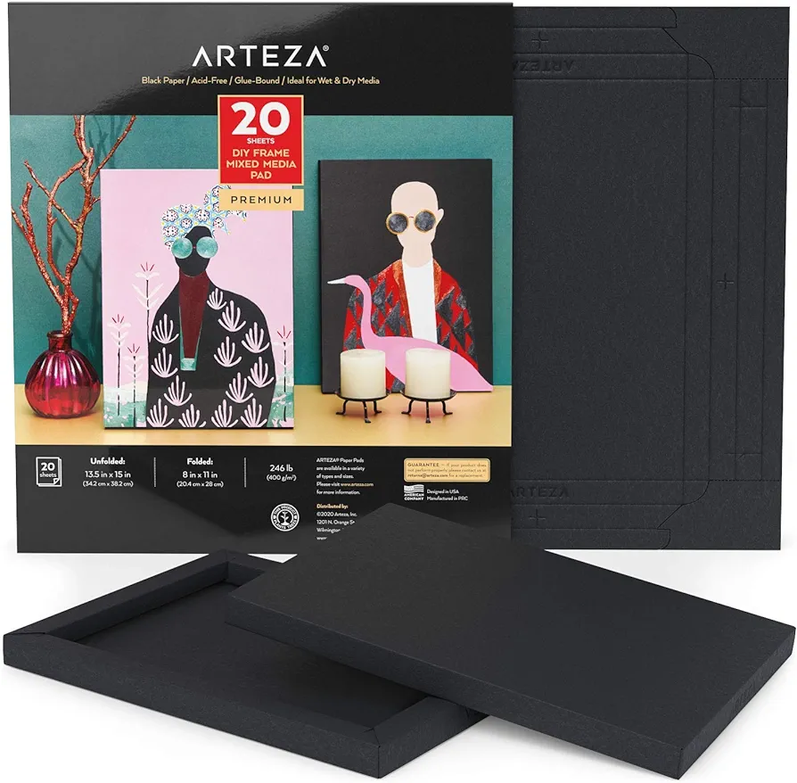 ARTEZA Mixed Media Paper Foldable Canvas Pad, 8x11 Inches, 20 Sheets, Black Paper