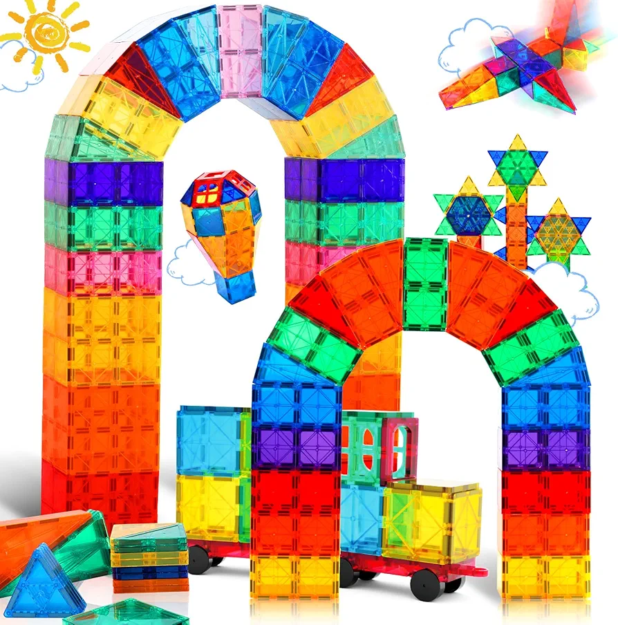 Magnetic Tiles, 104PCS Magnetic Blocks for Kids, Magnet Tiles Building Blocks Set with 2 Cars, Construction STEM Toys Gift for Boys and Girls 3 4 5 6 7 8 9+ Year Old