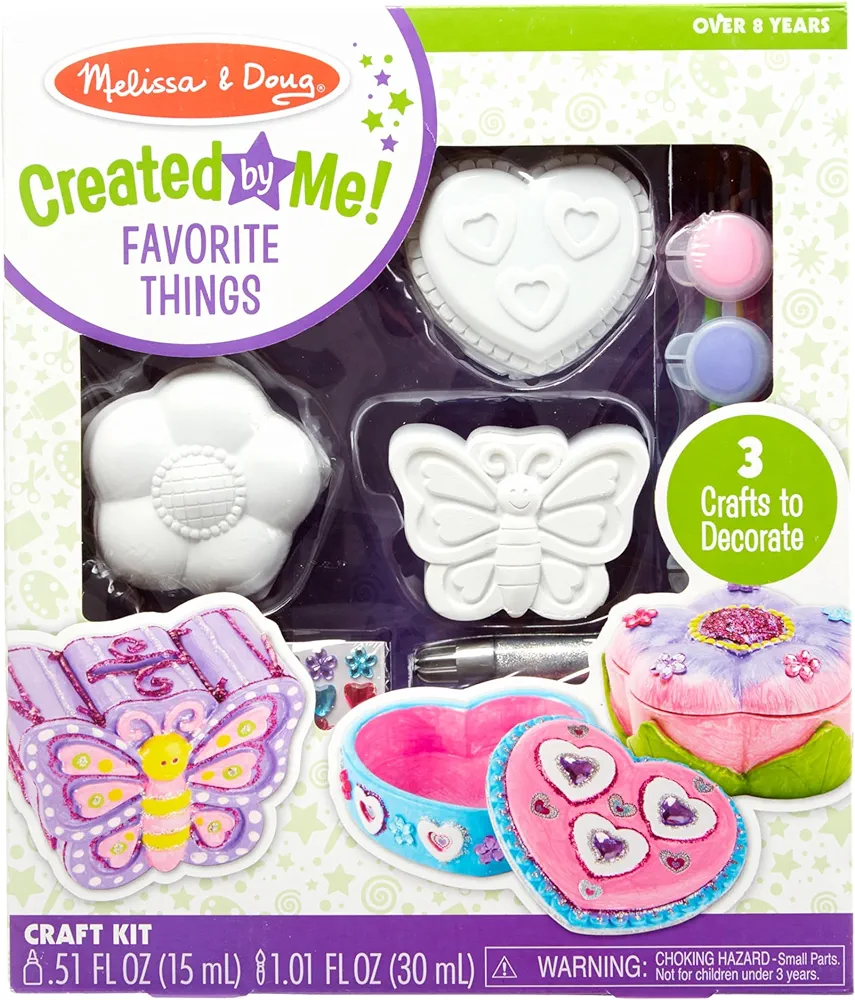 Melissa & Doug Created by Me! Favorite Things Craft Kits Set: Decorate-Your-Own Flower and Heart Treasure Boxes and Butterfly Bank