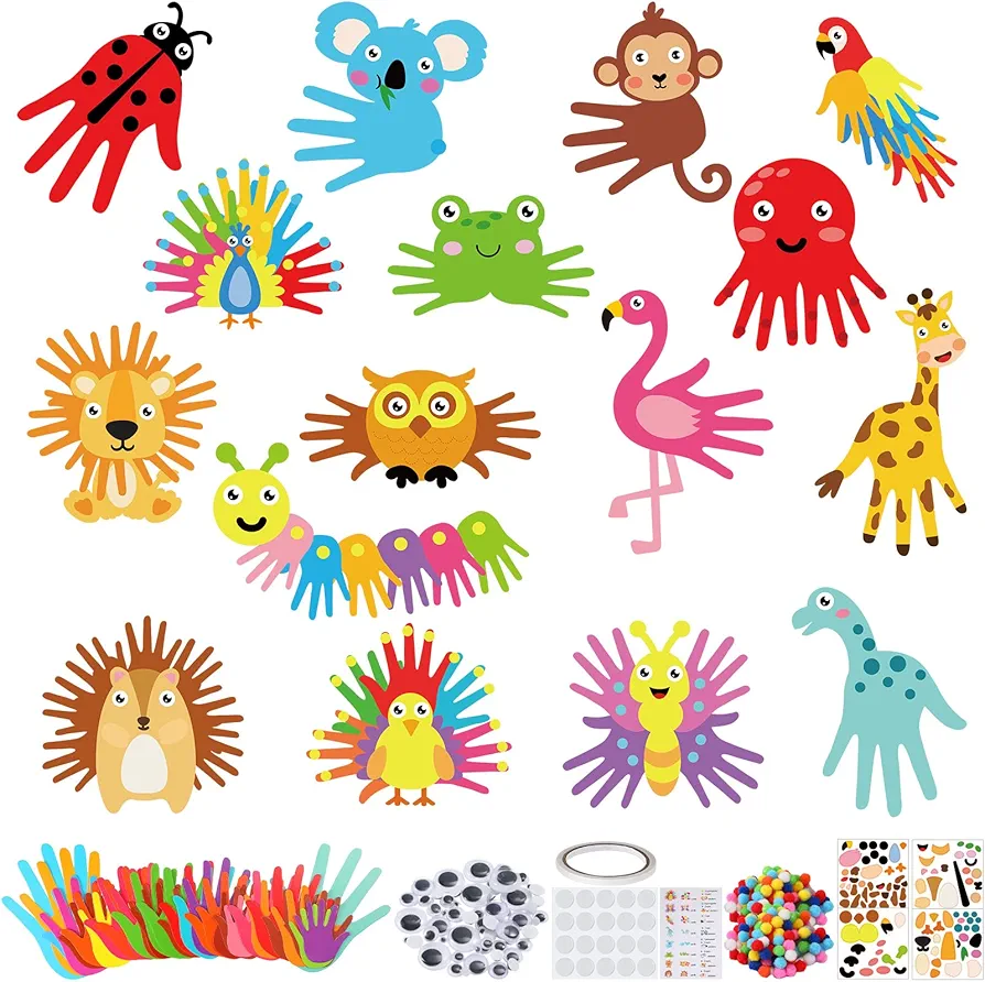 Sumind 16 Sets Toddlers Craft Kit for Preschoolers Kindergarten Elementary Animal Handprint Educational Learning Easy Arts and Crafts Kits for Kids Ages 3-5 Sunday School Classroom Birthday Supplies