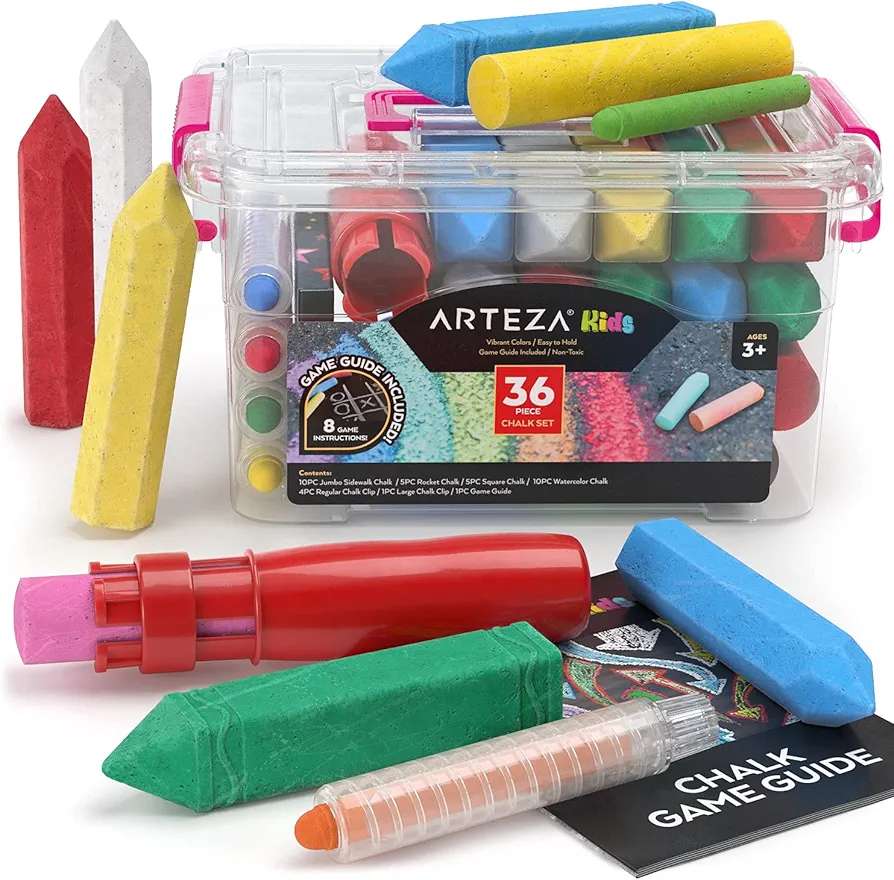 Arteza Kids Sidewalk Chalk, Set of 36, Easy-to-Hold Washable Chalk with Game Guide