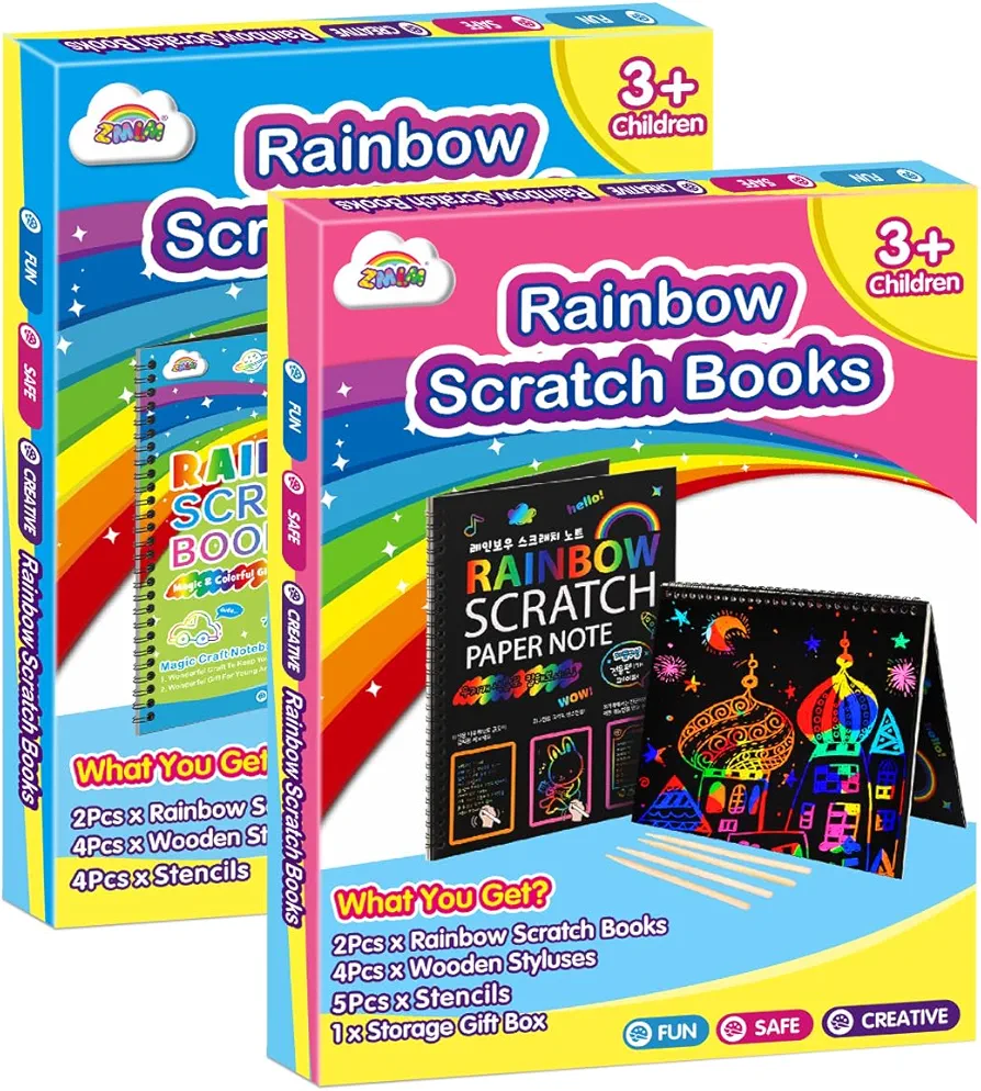 ZMLM Scratch Paper Art-Crafts Gift: 2 Pack Bulk Rainbow Magic Paper Supplies Toys for 3 4 5 6 7 8 9 10 Years Old Girls Kids Favors Gifts for Birthday Easter Christmas Party Games Projects Kits