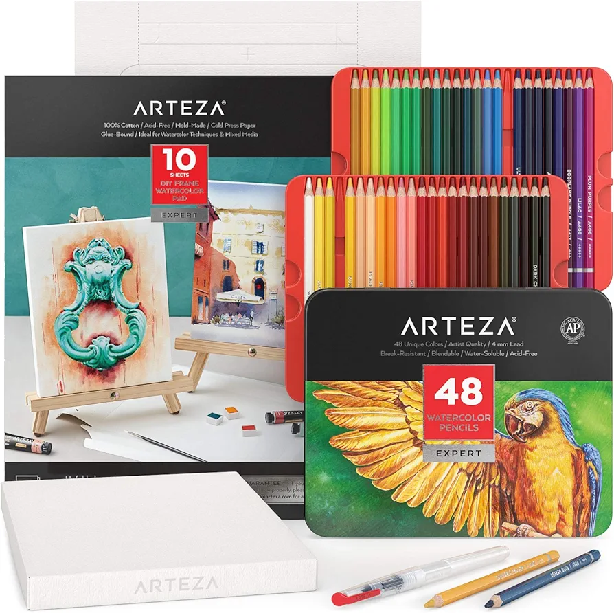 Arteza Watercolor Drawing Art Set, Watercolor Pencils and Foldable Canvas Paper Bundle Painting Set, DIY Kit, Art Supplies for Artists & Hobby Painters, White Expert, 48 Count (Pack of 1)