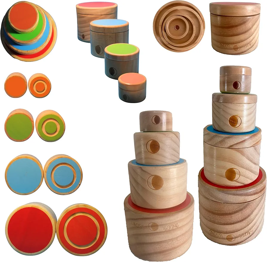 MOON SSORI.Wooden Stacking Containers with Lids - Classic Montessori-Inspired Nesting Cylinders for Toddlers and Kids 18 Months and Up. Building Baby Blocks Game