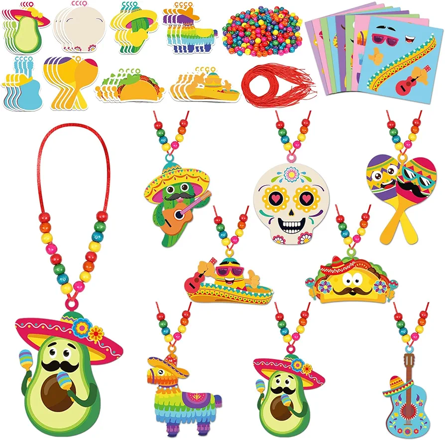 Qyeahkj Mexican Fiesta Craft Kit for Kids - 32 Pack DIY Necklaces, Taco Stickers, Arts Hanging Decoration, Party Supplies Favor, Ideal for Classroom Activities & Gift Exchange