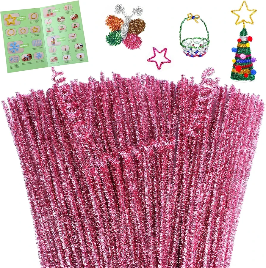 Giwrmu 100 Pieces Pipe Cleaners Chenille Stem, Glitter Pink Pipe Cleaners Craft, Fuzzy Sticks Craft Supplies, Colored Pipe Cleaner for Creative Handmade DIY Art Craft Project