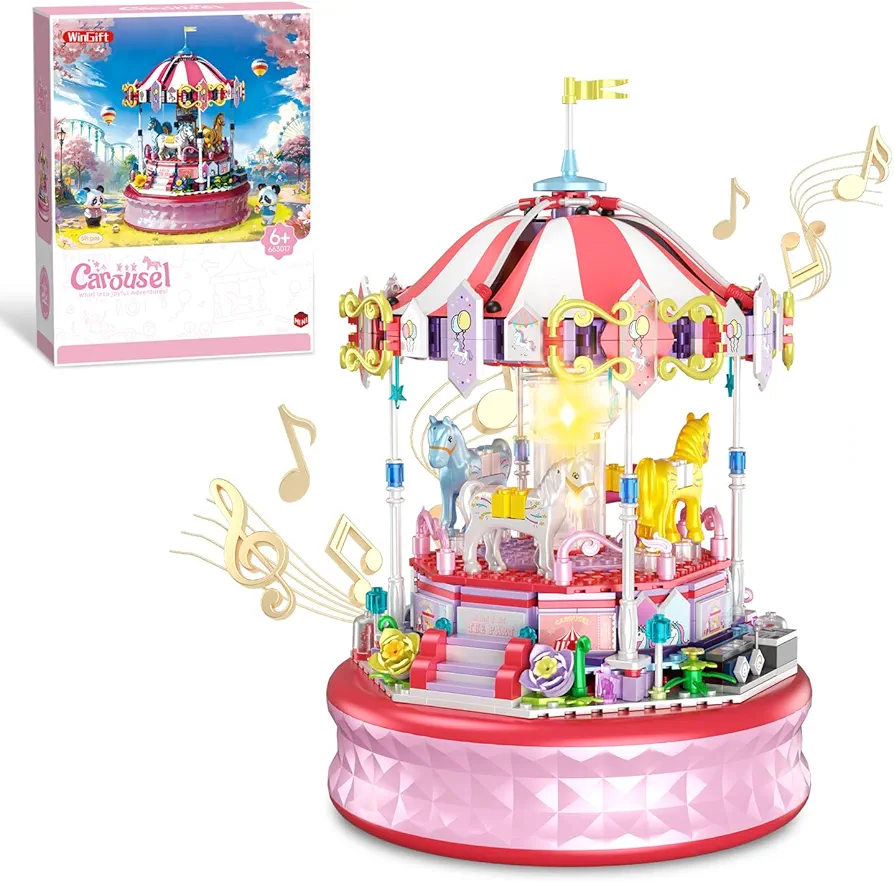 591 Piece Mini Music Box Building Block Set,Rotating Carousel DIY Building Toy,Girl Amusement Park Building Block Kit,STEM Educational Toys Christmas and Birthday Gifts for Girls Boys Ages 6+