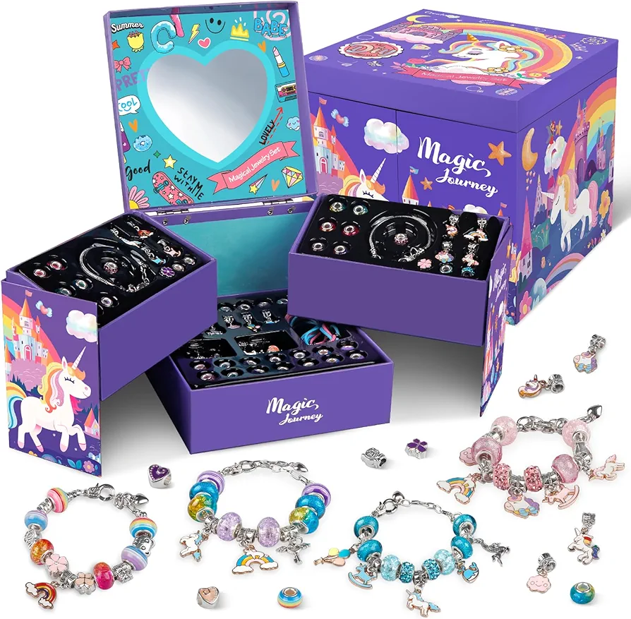 Bracelet Making Kit for Girls,Unicorn DIY Charm Jewelry Craft Set,Arts and Crafts for Kids Ages 8-12,Jewelry Making Supplies Beads,Jewelry Box Easter Birthday Gifts Ages 6 7 8 9 10 11 12 Year Old