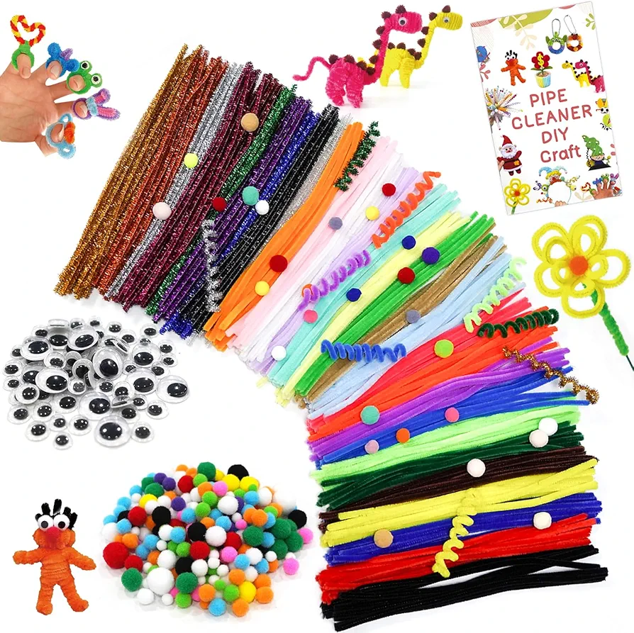 650PCS DIY Art and Craft Kit Supplies Materials 300 Multicolor Pipe Cleaners Bulk in 30 Colors 250 Craft pompoms 100 Wiggle Googly Eyes Soft Fuzzy holiday Colorful Chenille Stems For Kids Crafting