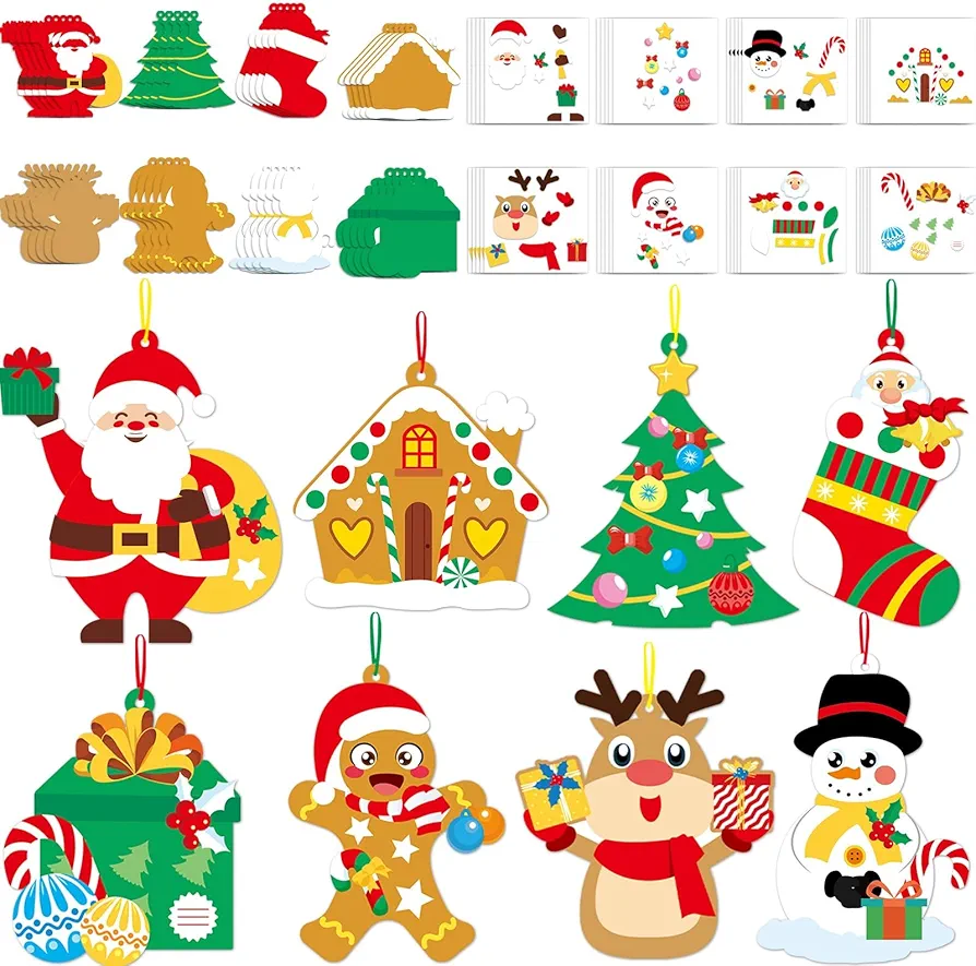 Qyeahkj 64 Sets Christmas Craft Kit for Kid Christmas DIY Art Ornaments Bulks, Make Your Own Santa Claus Tree Gingerbread House Reindeer Christmas Holiday Party Game Activity Supplies