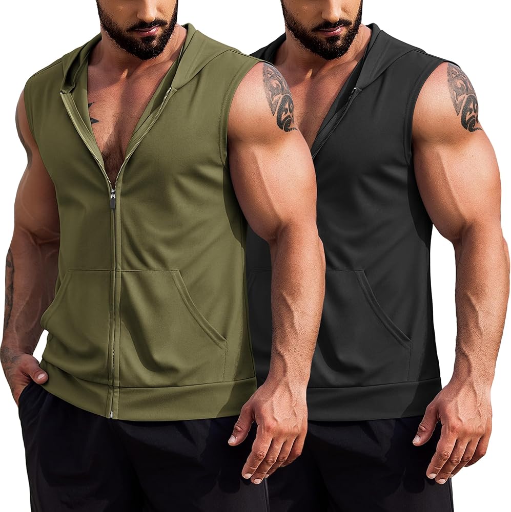 COOFANDY Men's Workout Hooded Tank Tops 2 Pack Zip Up Sleeveless Gym Shirts Muscle Cut Off T Shirt Bodybuilding Hoodies