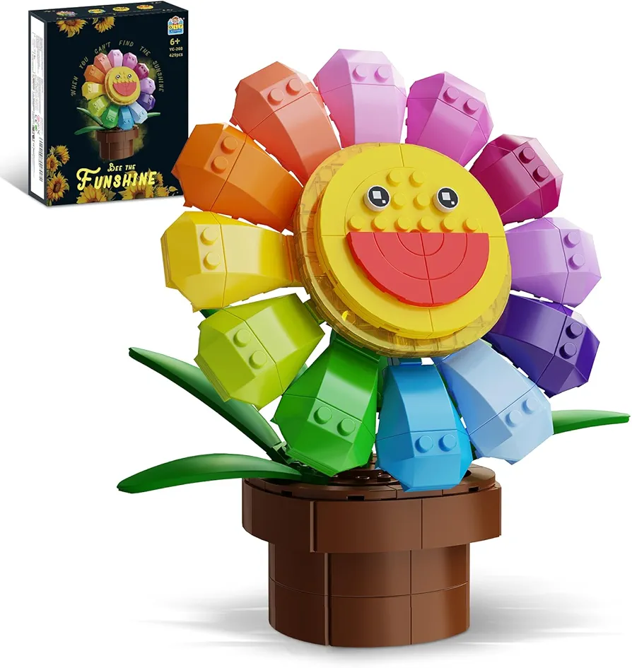 QLT Sunflower Flower Building Block (429 PCS+) with Replaceable Expression Faces - Compatible with Lego Idea Creative and Cute Toy Building Set for Kids Boys and Girls 6+