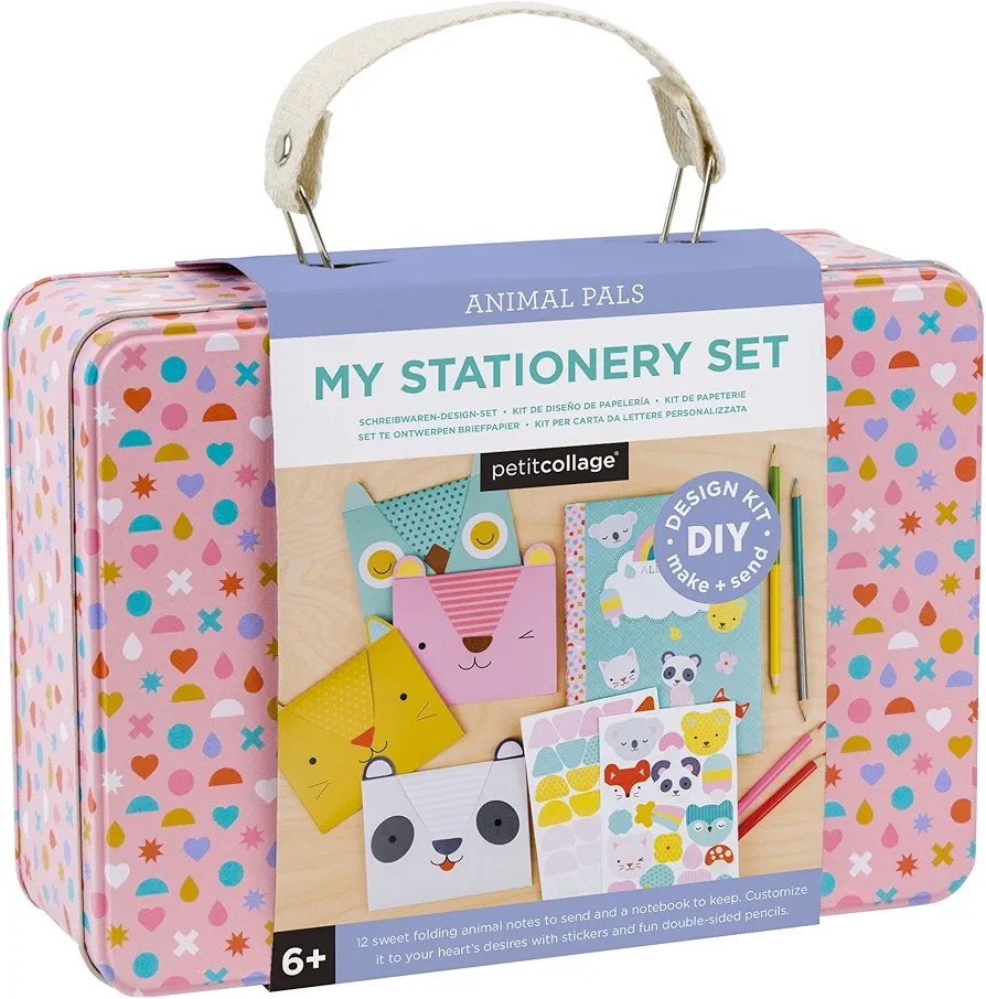 Petit Collage DIY Arts and Crafts Kit, Stationery Design – Craft Kit for Kids Includes 12 Animal Notecards, 1 Blank Journal, 2 Sticker Sheets, 4 Colored Double-Sided Pencils & Instructions