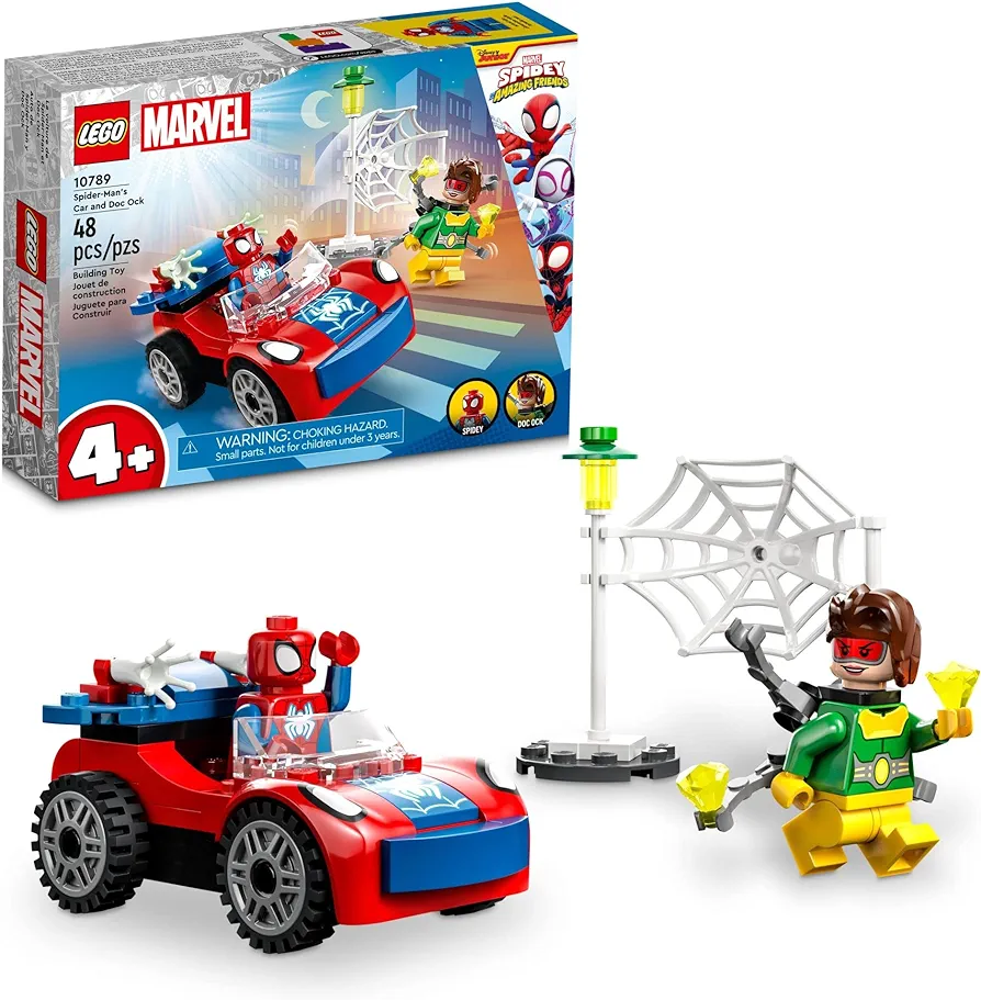 LEGO Marvel Spider-Man's Car and Doc Ock Building Set, Spidey and His Amazing Friends Toy for Kids Ages 4 and Up, Spider-Man Day Gift with Glow in The Dark Pieces, 10789