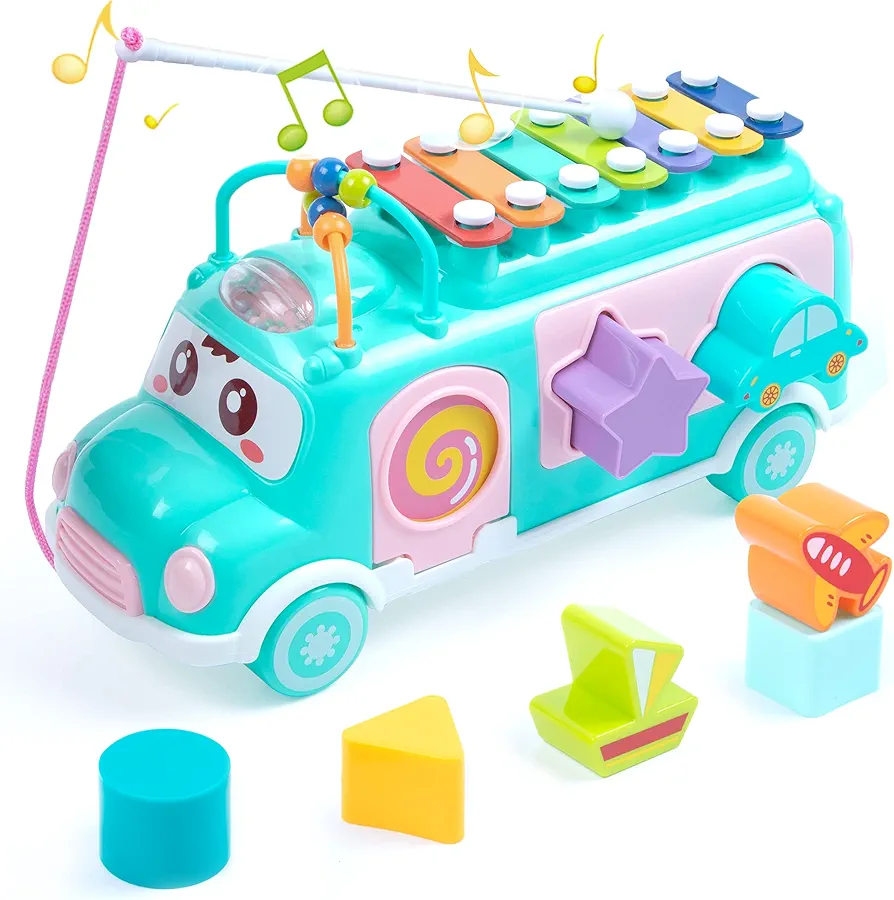 Xylophone Bus Baby Toys for 1 year old,Montessori Toys with Building Blocks Shape Sorting & Shape Sorter,Christmas Birthday for Boys and Girls 1-3