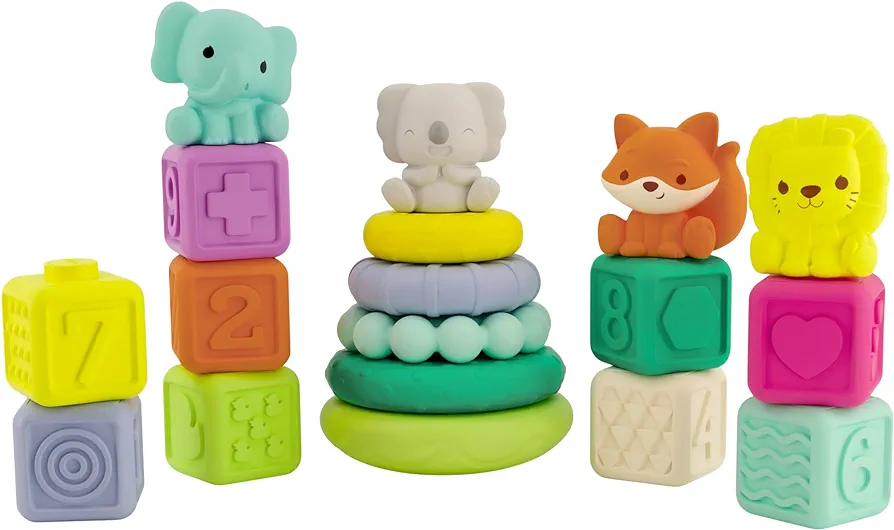 Infantino Stackables Activity Playset - Stacking Blocks, Rings and Pals for Babies and Toddlers, Multicolor, 18-Piece Interchangeable Set