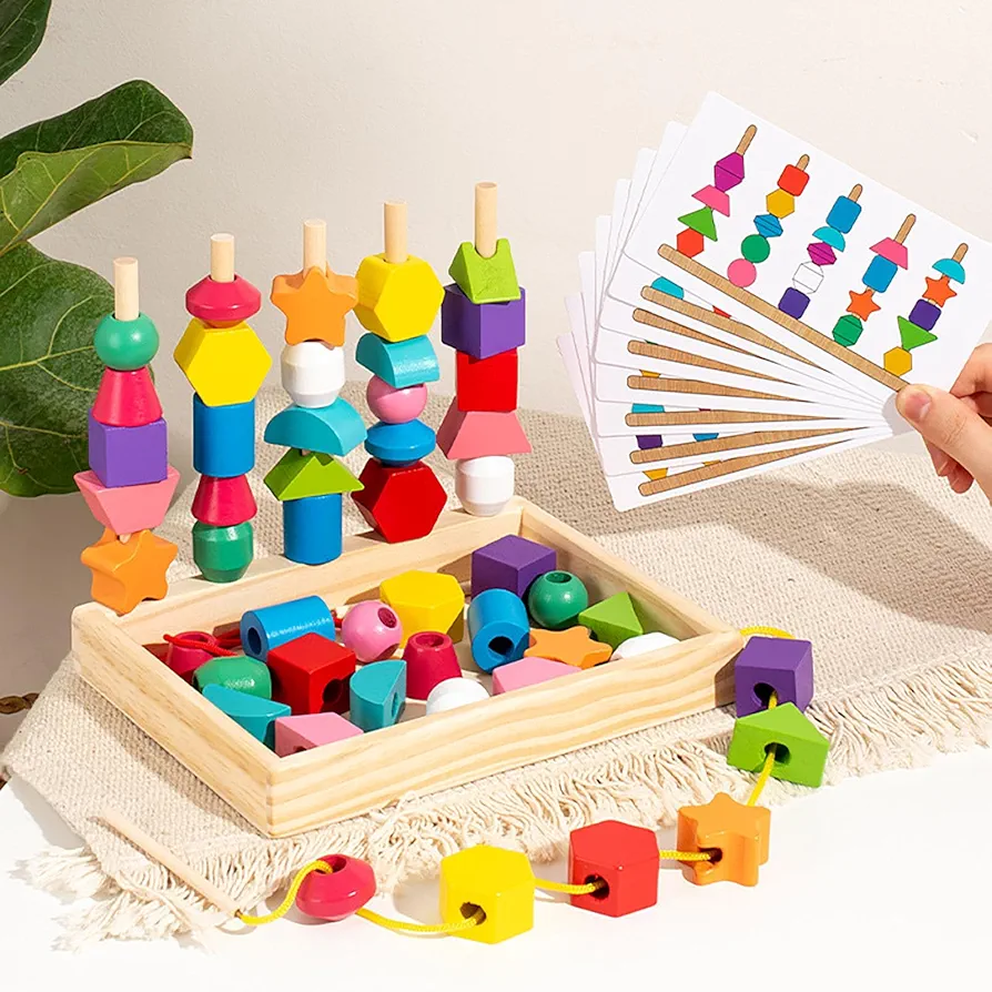 3 in 1 Montessori Toys for Boys Girls Toddlers, Primary Lacing Beads, Geometric Pillar Building Block Beads, Wooden Sorting & Stacking Toys for Kids Preschool, Educational Toys