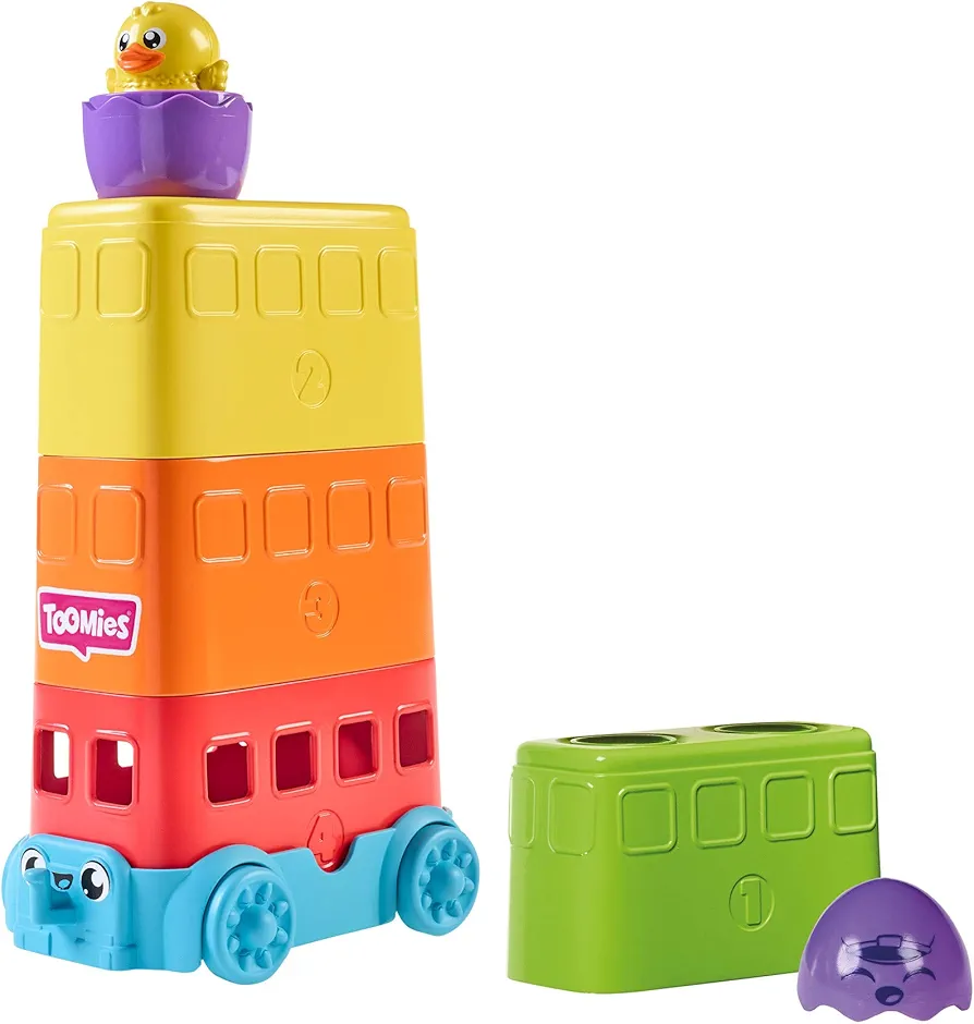 Toomies E73220C Tomy Hide & Squeak Stacker Decker Bus, Push-Along Colours and Sounds, Stacking and Sorting Babies, Educational Toddler Toy for Boys and Girls Aged 12 Months +