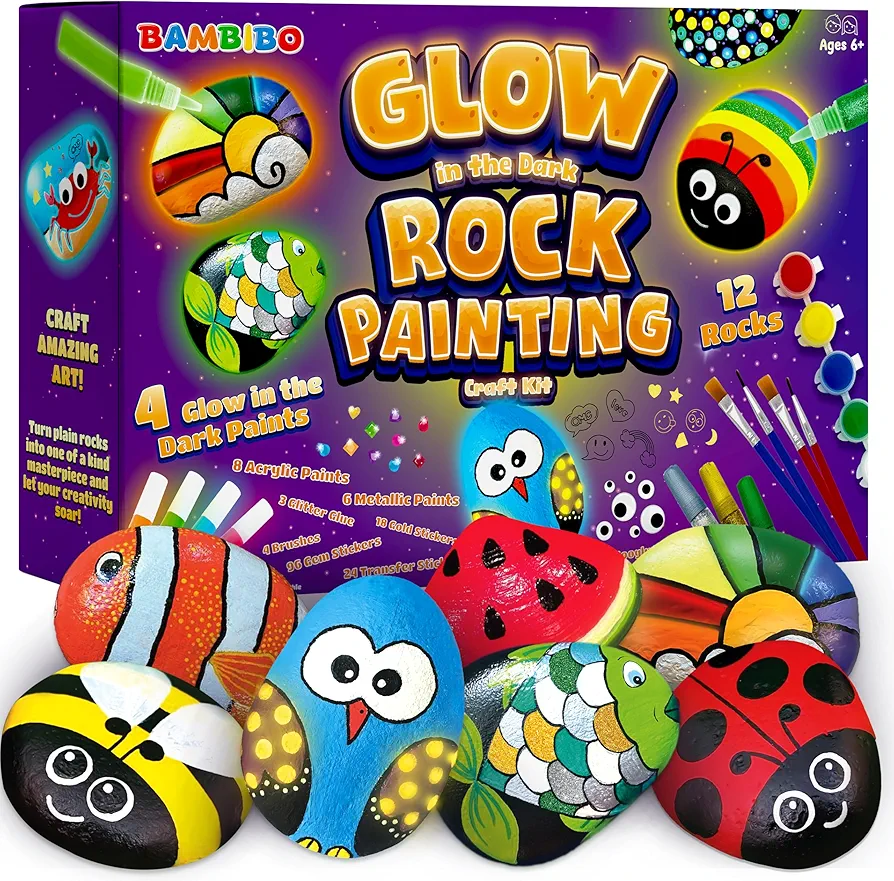 Bambibo Glow in The Dark Rock Painting Kit - MEGA Pack, 62 PCS | DIY Arts and Crafts for Kids | Kids Rock Painting Supplies with 18 Paints | Kids Craft Paint Kits | Rock Painting Kit for Kids 6-12