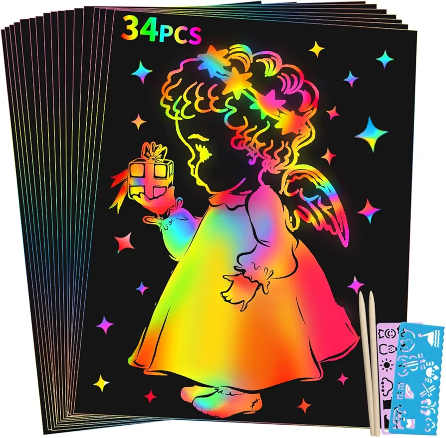 Rainbow Scratch Paper Birthday Gift: 34Pcs Scratch Art for Kids Ages 4 5 6 7 8 9 10 11 12 Art Crafts Kit Supplies for Girl Boy Kids Crafts Favors Gifts Halloween Christmas Easter Gifts