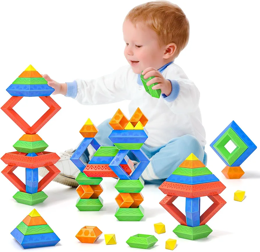 Blocks Building Toys for Toddlers 1-3 3-5, Montessori Pyramid Stacking Blocks Preschool Educational Toys for Ages 2 3 4 5 6 Boys & Girls Learning Stem Sensory Toys Kids Birthday, 30PCS