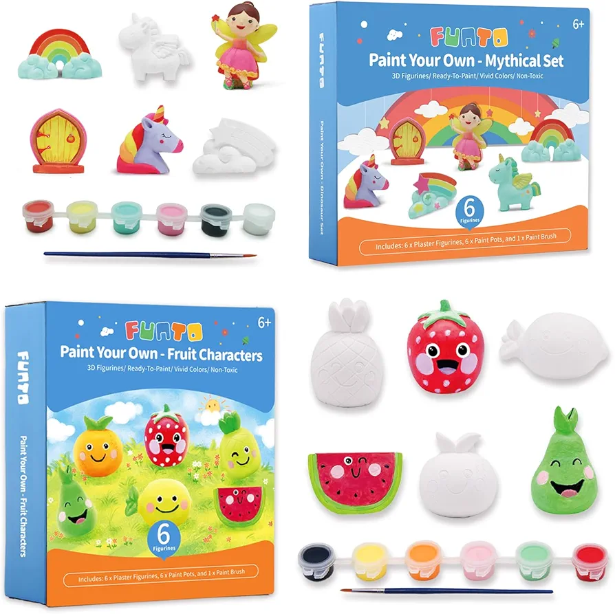 Funto Creative Painting Bundle - Paint Your Own Unicorn and Fruits Kits with 13 PCS Arts and Crafts Set, Perfect DIY Toys Gift for Kids Age 3+.