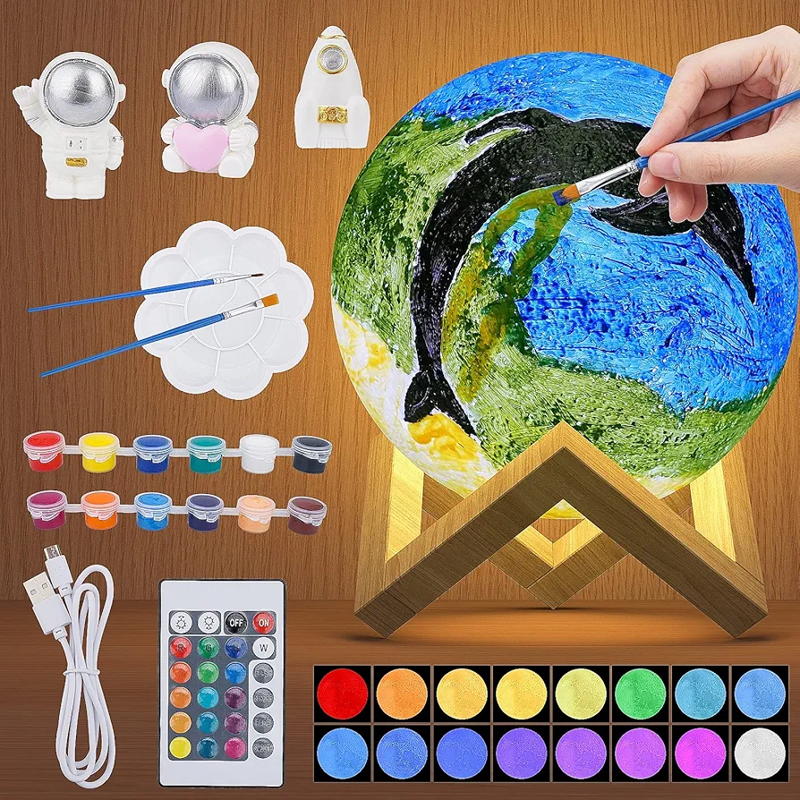 Paint Your Own Moon Lamp Kit, 5.9 Inch 16 Colors DIY 3D Moon Light Remote Control, Touch Switch, Space Toys Art Supplies Birthday Gifts for Friends Kids, Arts Crafts for Girls Ages 6-8 8-12 (Moon)