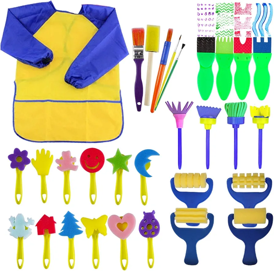 Paint Sponges for Kids,29 pcs of Fun Paint Brushes for Toddlers.Coming with Sponge Brush, Flower Pattern Brush, Brush Set, Long Sleeve Waterproof Apron with 3 Roomy Pockets