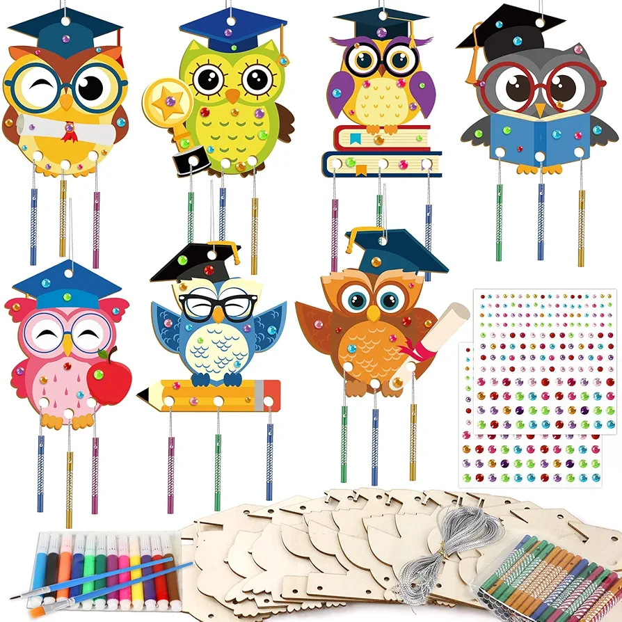 gisgfim 16 Pack Owl Wind Chime Kits Preschool Graduation Crafts for Kids Make Your Own Owl Wind Chime Wooden DIY Arts and Crafts for Graduation School Classroom Decorations Supplies Birthday Favors