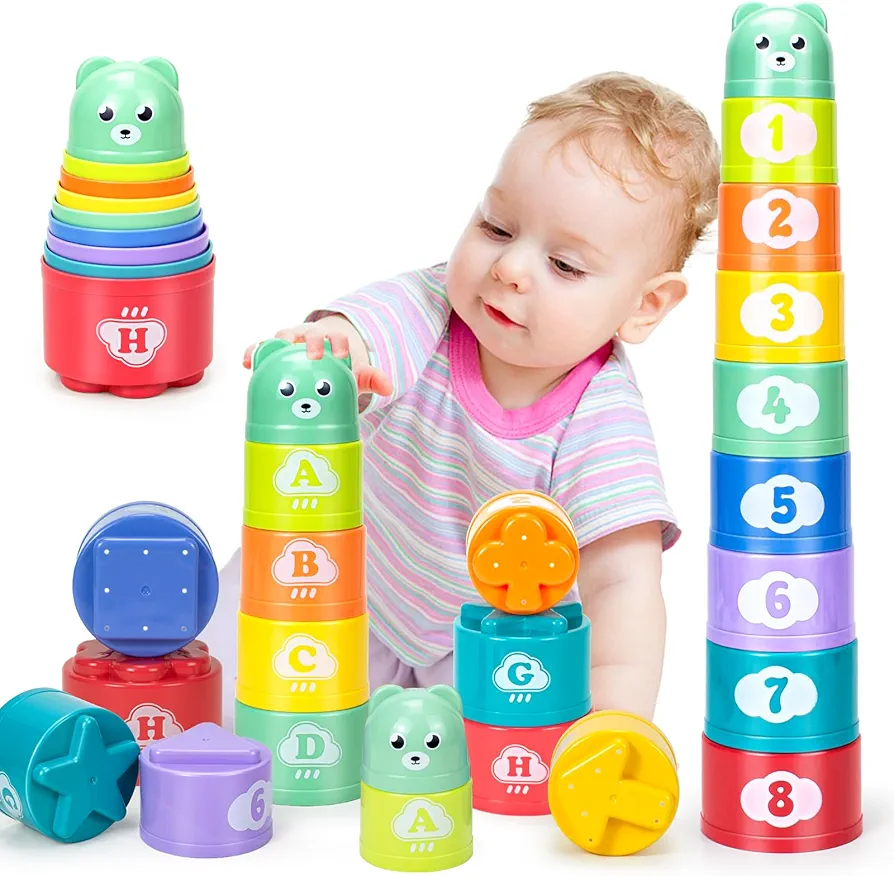 Stacking Cups Toys for Toddlers 1-3, Baby Toys Stacking Cups & Soft Blocks Teething Toys for Babies 6-12 Months Montessori Educational or Bath Fun, Stacking Cups