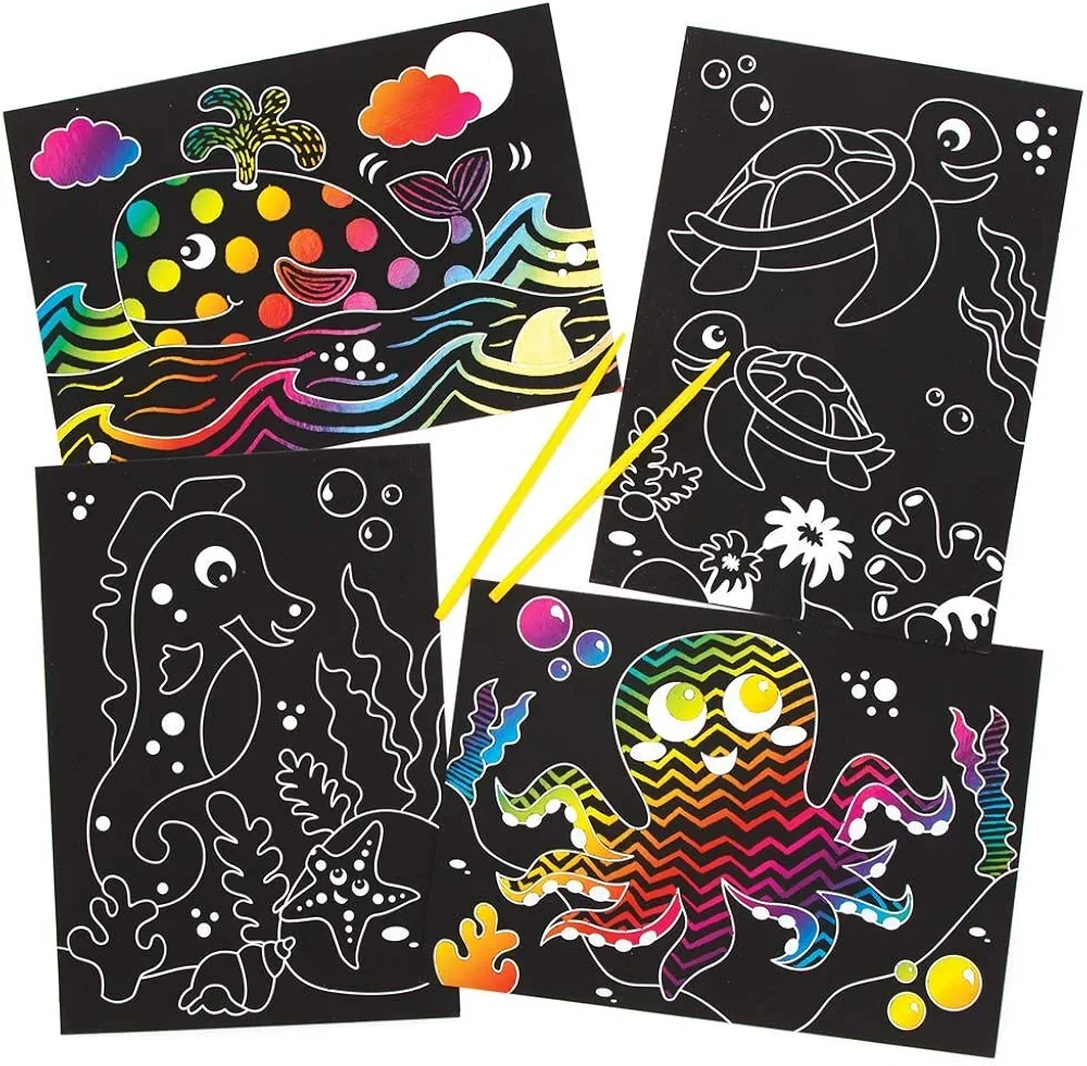 Baker Ross FE310 Sealife Scratch Art Pictures - Pack of 8, Engraving Art for Children, Creative Activities for Kids, Art Set for Creative Minds