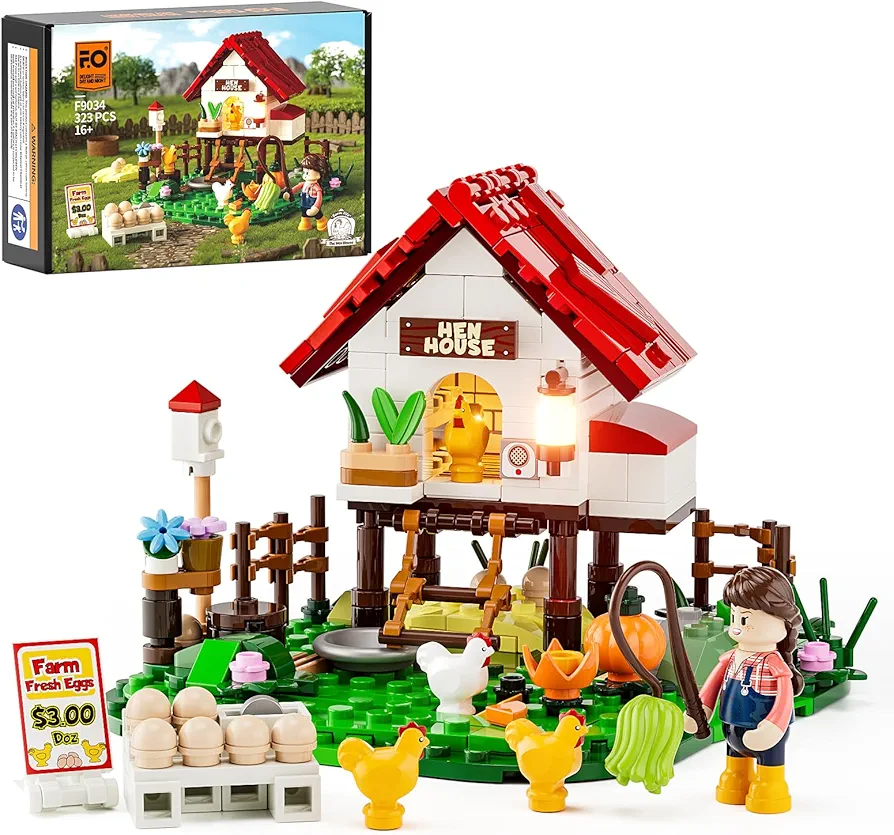 FUNWHOLE Farm Hen-House Lighting Building-Bricks Set - Farm Life Chicken Henhouse and Animal Collection LED Light Construction Building Model Set 323 Pcs for Adults and Teen