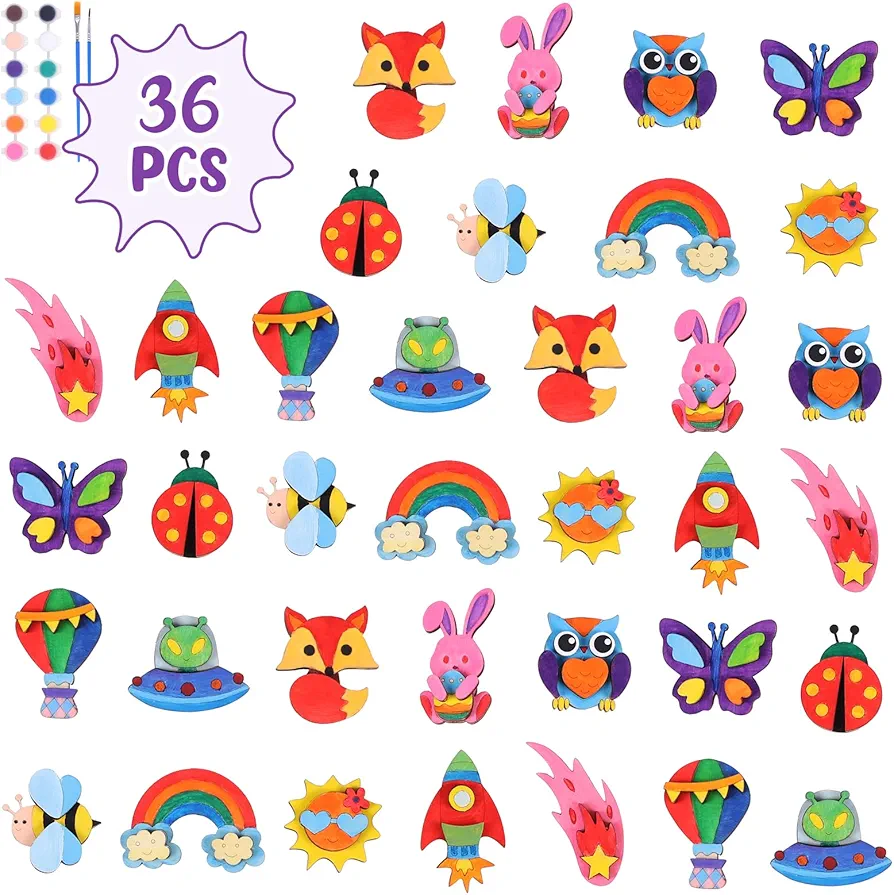 VOCHIC 36PCS DIY Wooden Magnets Painting Craft Kit for Kids, Paint Your Own Wooden Magnet and Art Supplies, Party Favors DIY Creativity Gifts for Boys Girls