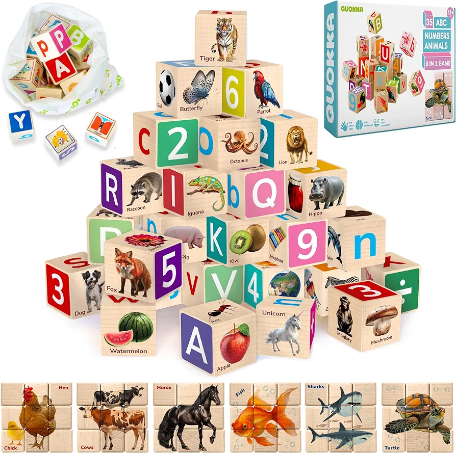 Quokka Montessori Wooden Blocks for Toddlers 1-3 - 35 Realistic ABC Learning Baby Blocks for Kids 3-5 Year Olds - Stacking Alphabet Wood Toys for 2-4 yo - Learn Letters Numbers