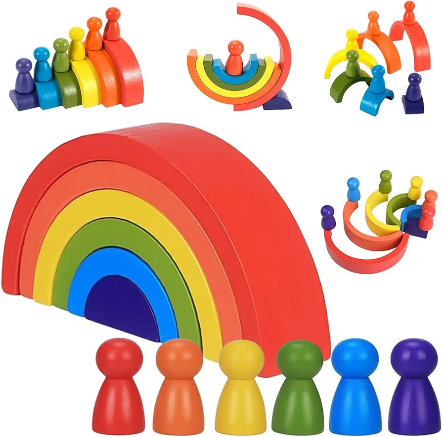 12 Pcs Wooden Rainbow Stacking Toys, Toddler Montessori Arch Bridge Stacker Game, Building Blocks Puzzle Stackers for Kids Baby Toddlers 1 2 3 4 5 Years Old