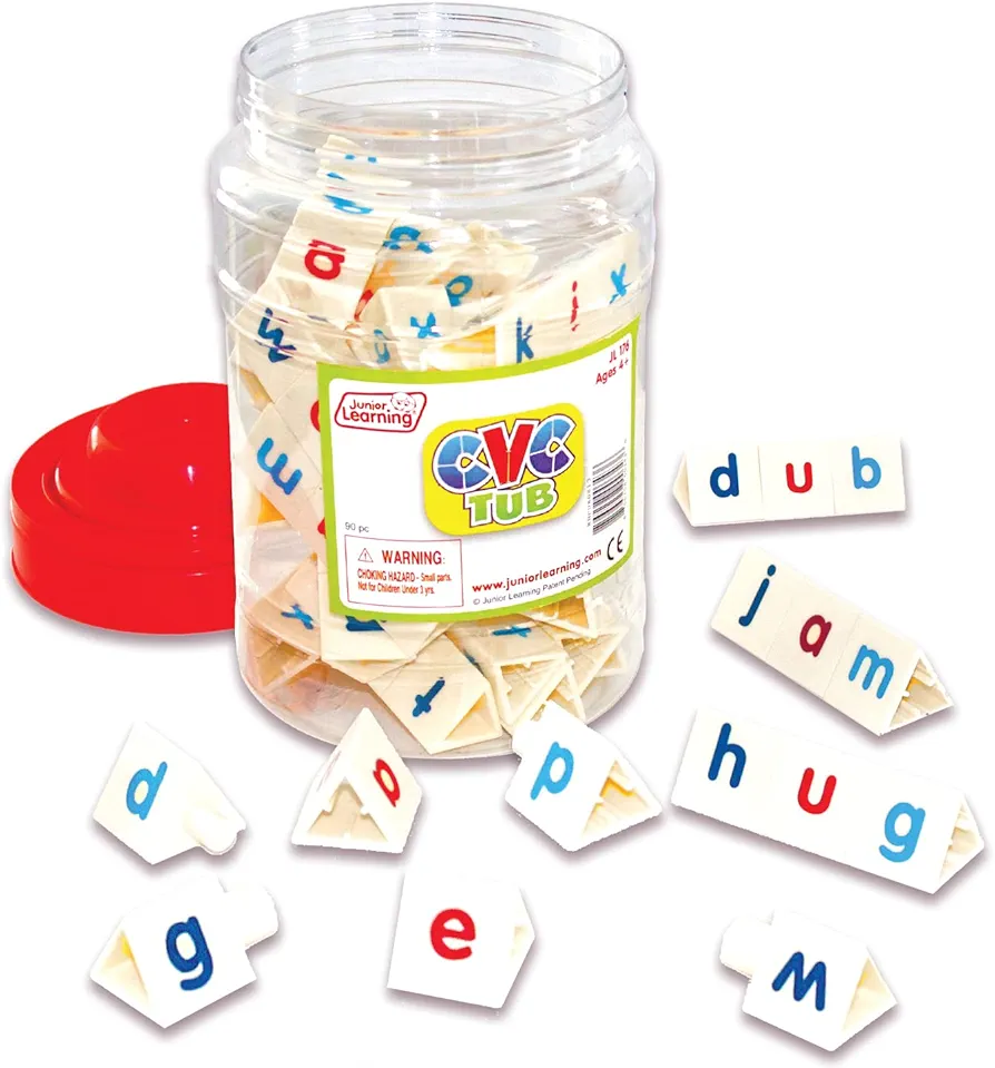 Junior Learning CVC Tri-Blocks Tub, 90 Blocks, Ages 4-5, Phonemic Awareness, Pre K-1, White