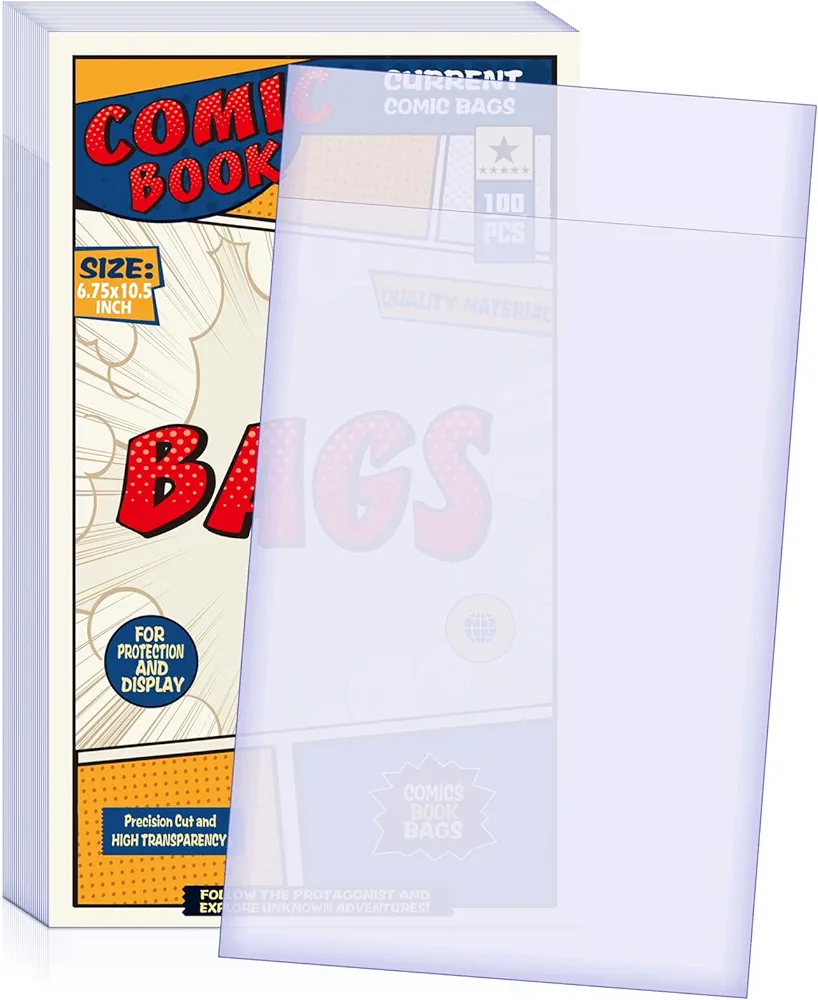 Comic Book Bags, Current Size Comic Bags 7.2 X 10.5 inch Transparent Acid-Free and Reusable Comic Book Sleeves for Regular Comics (100)