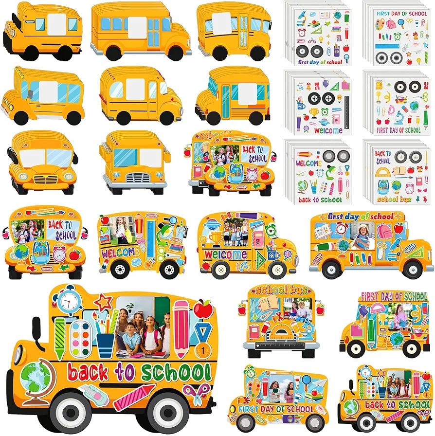 96 Pcs School Bus Picture Frame Craft for Kids DIY First Day of School Photo Frames Back to School Frames Crafts Gift with Stickers for Students 1st Day of School Teacher Classroom Supplies