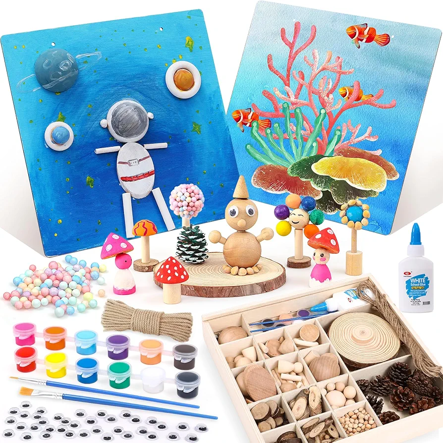 Toylink Wooden Painting Craft Kit for Kids - Paint Your Own Art and Craft Supplies with Wooden Stereoscopic Drawing Board & Pine Cones, Arts & Crafts Toys Birthday Party Gift for Boys Girls 4-8, 8-12