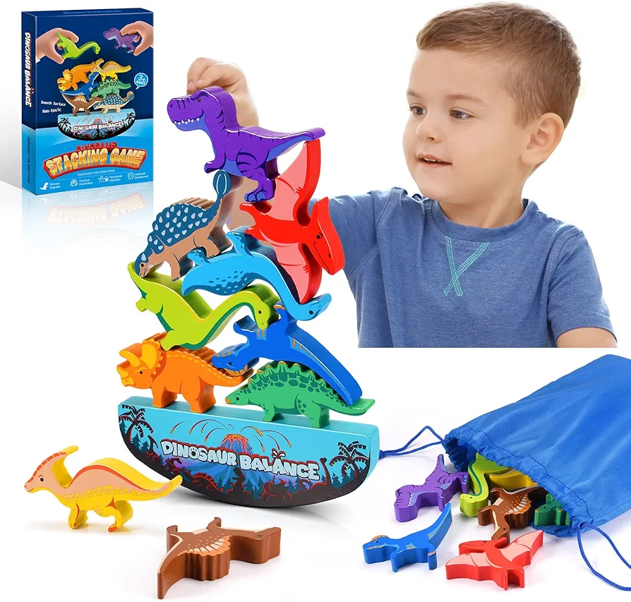 Dinosaur Toys for Kids 3-5: Wooden Stacking Montessori Toys for 3 4 5 6 7 8 Year Old Boys Girls Balance Competition Game for Family Birthday Gifts for Kids Ages 4-8 (Classic Version)