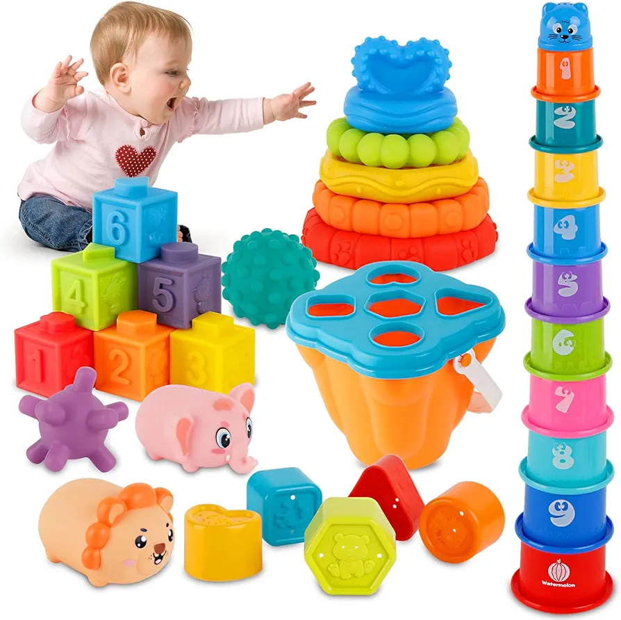 Ganowo 6 in 1 Baby Toys 6-12 Months, Montessori Toys for Babies 4,5,6,7,8,9,10 Months,Shape Sorter, Building Blocks ，Soft Infant Sensory Developments Toys & Stacking Cups