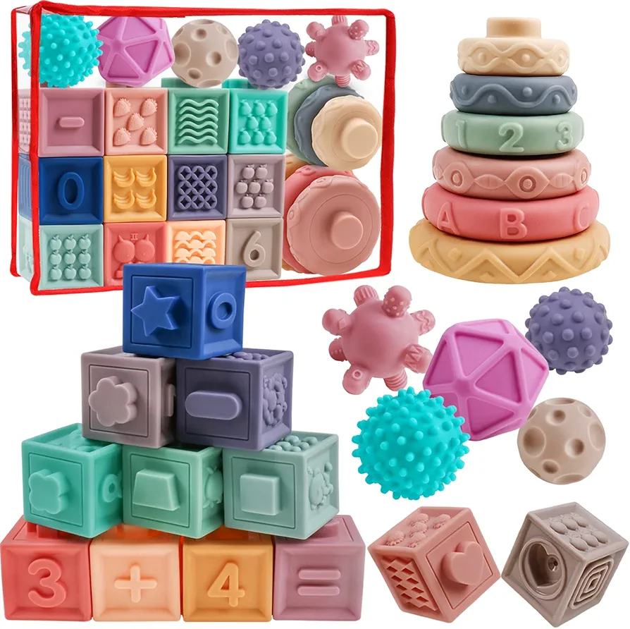 Baby Blocks Soft Building Blocks Montessori Toys for Infant 0-6 6-12 Months Baby Sorting and Stacking Sensory Teething Toys Educational Learning Stacking Tower for Newborns Toddlers Babies