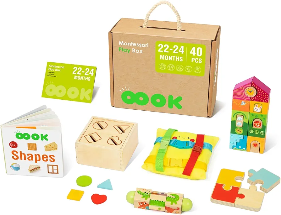 Montessori Toys for 1 2 Year Old, 7 in 1 Learning Educational Wooden Toys Set (Includes Shape Sorting Box,Jigsaw Puzzle,Stacking Game,Busy Toys,Twisting Cube and More)