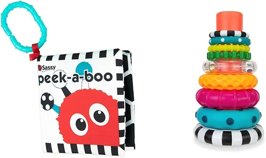 Sassy Peek-a-Boo Activity Book with Attachable Link for On-The-Go Travel | Black & White & Stacks of Circles Stacking Ring STEM Learning Toy, Age 6+ Months, Multi, 9 Piece Set